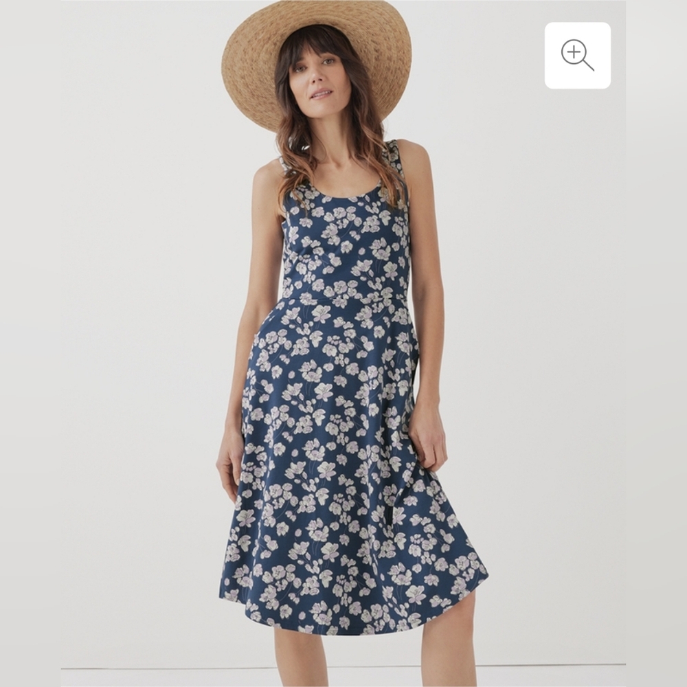 Pact Navy Shoreline Floral Organic Cotton Fit & Flare Tie Back Dress